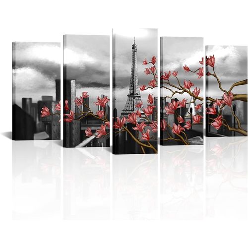 Paris Tour Eiffel avec fleurs CanvaWall Art abstrait noir blanc ville peinture imprimée sur toile galerie enveloppée pour la maison, le salon, la chambre à coucher, décor 200 x 100 cm. (sans cadre)
