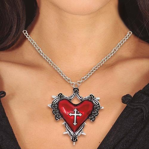 Collier Médaillon Coeur Gothique Croix 5cm Rouge