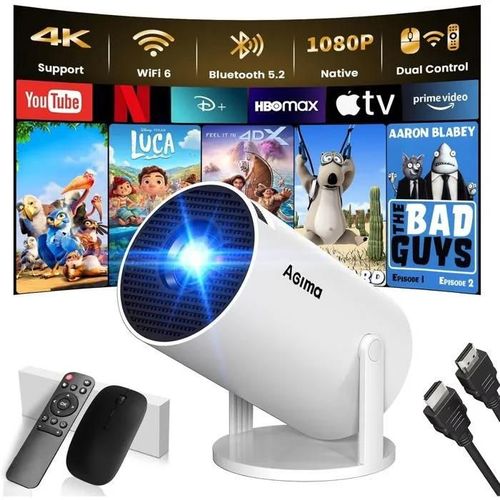 Built-in App Mini Projector 1080P 4K Supports Mini Portable Projector, Dual Control with Mouse Android TV WiFi 6 BT5.2 180 Rotati
