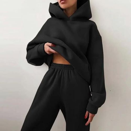 Ensemble Pantalon Et Sweat Court À Capuche Pour Femme - Noir - Fitness