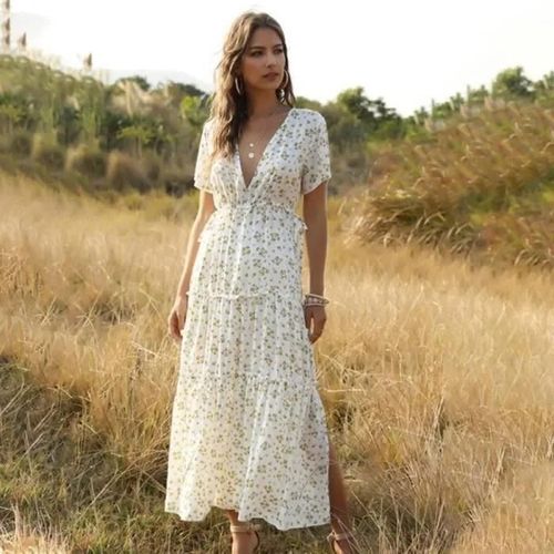 Robe Femme D\'été Longue De Soie Col V ,Manche Courte Cravate À La Taille Robe Casual
