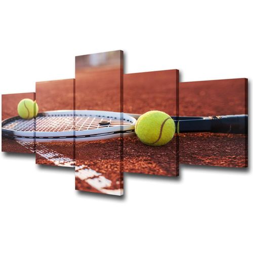 TenniWall Images d'art pour peindre une balle de tennis et une raquette sur un terrain dur sous la lumière du soleil, impression sur toile, affiche, décoration de salon 50 x 25 cm. (sans cadre)