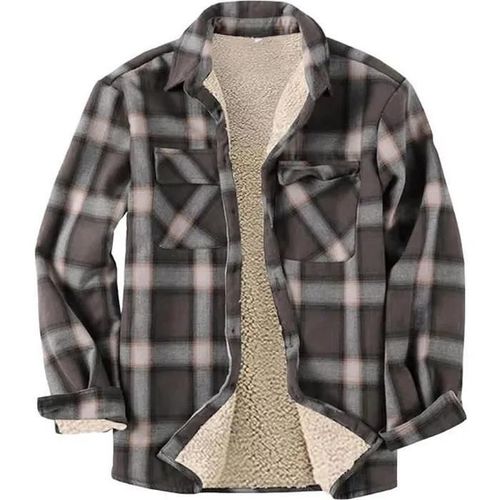 Homme Chemise Doublé Chemise Chaude Matelassée En Flanelle Thermique Chemise À Carreaux Et Rayures Décontractée Brun