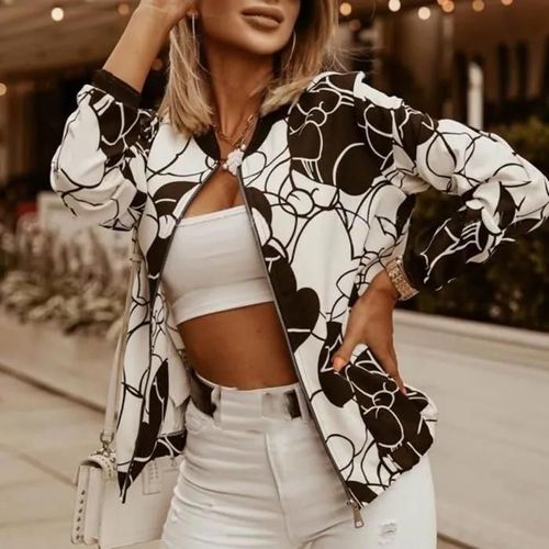 Veste Femme - Mode - Imprimée - Blanc - Col Montant - Manches Longues