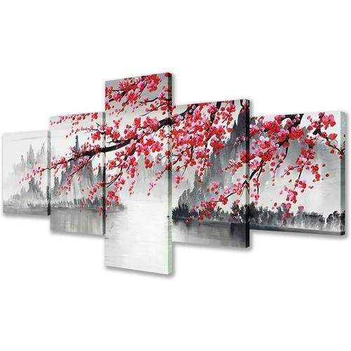 Prunus mume Décor Peinture à l'encre en fleurs de prunier Art mural pour le salon et images appelées quatre messieurs Décorations sur toile giclée 50 x 25 cm. (sans cadre)