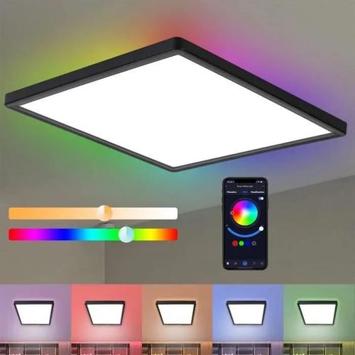 Homefire Plafonnier Led Carré - Polycarbonate (Pc) - Noir - 30 X 30 X 2,5 Cm - Rétro-Éclairage Rvb Avec Télécommande Smart App 36w