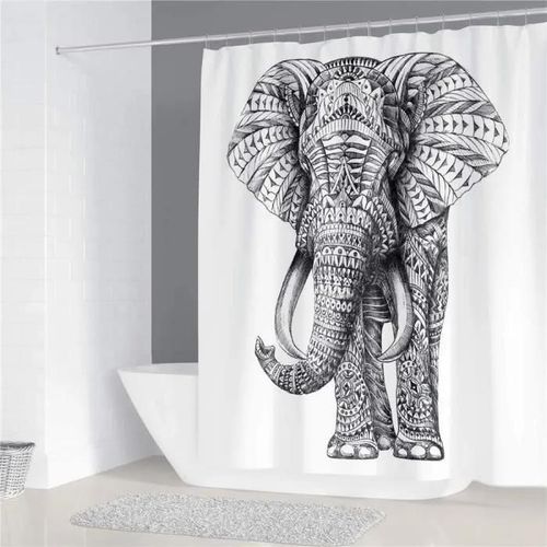 Rideau De Douche Éléphant D\'afrique Gris Sur Blanc - 150x180cm - Polyester - Contemporain - Design