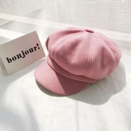 Beret Femme Hiver Casquette Octogonale Laine Rétro Rose