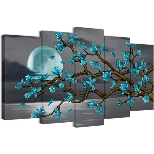 Tableau de paysage bleu turquoise avec fleurs de pleine lune et mer noire et blanche - Impression sur toile - Art mural pour salon, chambre à coucher, décoration de burea 50 x 25 cm. (sans cadre)