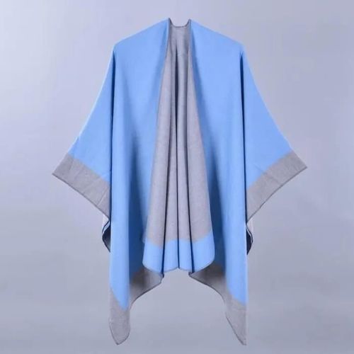 Poncho Femme Simili Laine Hiver Chaud Bordure Bicolore 130 X 150 Cm-Bleu