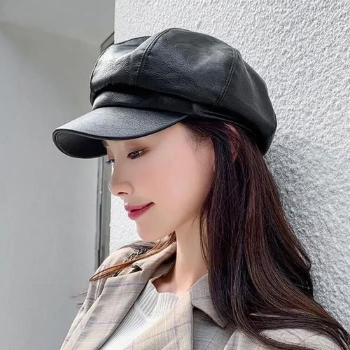 Béret Casquette Newsboy En Cuir Femme Gavroche - Noir - Taille 56-58cm - Saison Automne/Hiver