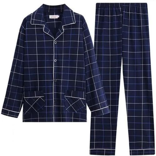 Pyjama Homme En Coton Col Revers Manches Longues Confortable - Aievis - 2 Pièces - Bleu