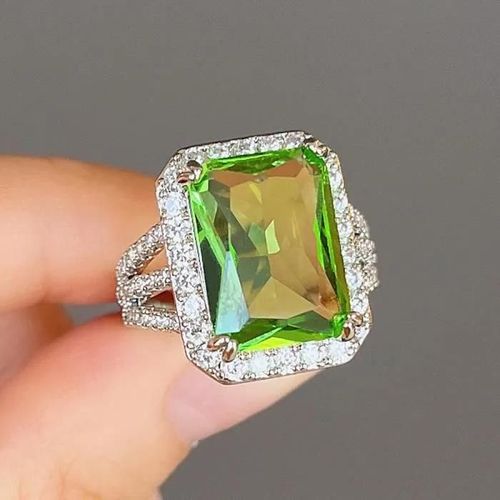 Bague De Fiançailles Pour Femmes En Argent Sterling 925, Péridot Vert Olive Vine Square 14x18mm, Pierre De Naissance, Taille 57