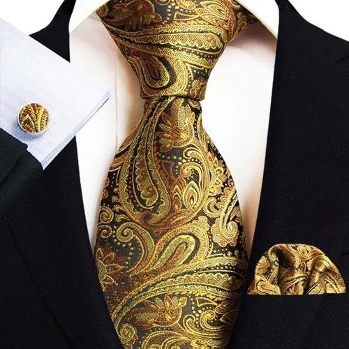 Cravate Homme Paisley Tissée Jacquard Mouchoirs De Poche Boutons De Manchette 3 Pièces - Jaune