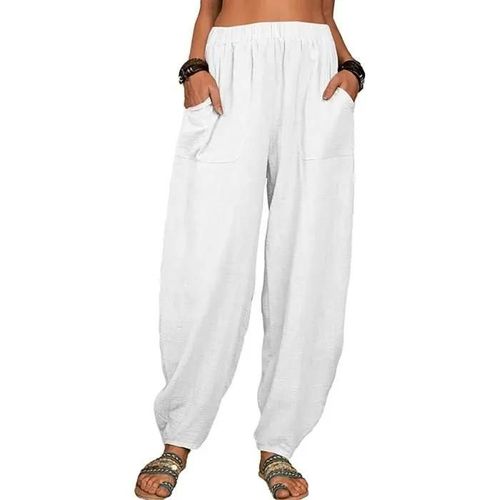 Sfit Pantalon Lin Large Femme Coton Grande Taille Fluide Décontracté Pantalon Sarouel Léger Avec Poches Pantalon Bouffant Chic Blanc