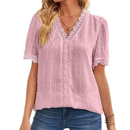 Chemisier Femme Dentelle Col En V - Manches Courtes Loisirs D\Été Tunique En Jacquard En Dentelle Blouse Rose