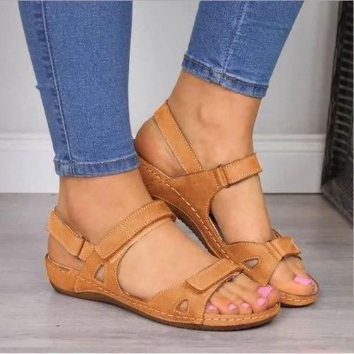 Sandales De Marche Orthopédiques À Talons Bas Pour Femmes, Confortables, Super Douces, Premium.Marron