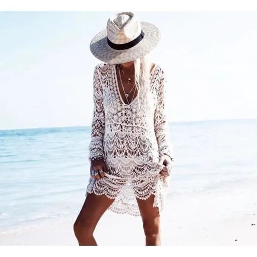 Européen Mode Sexy Vacances Bikini Robe Femme Nouveau Manche Longue Creux Crochet Été Vêtements De Plage Blanc