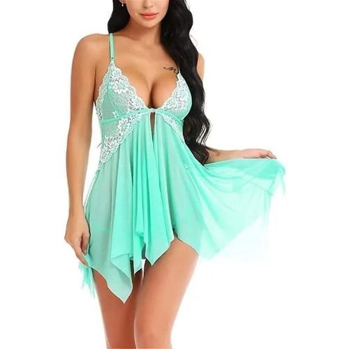 Nuisette Lingerie Sexy En Dentelle Ouverte Avec Col En V Et String - Vert - S-4xl