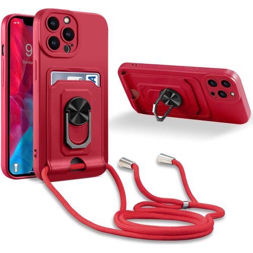 Coque Cordon De Collier Compatible Avec Iphone 15 Pro Max, 360¡Ãanneau Support Avec Fente Carte Protection De La Camera Silicone Case-Rouge