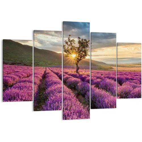 Art mural sur toile - Paysage lavande - Provence - Coucher de soleil - Impressions sur toile pour décoration de la maison, salon, chambre à coucher 50 x 25 cm. (sans cadre)