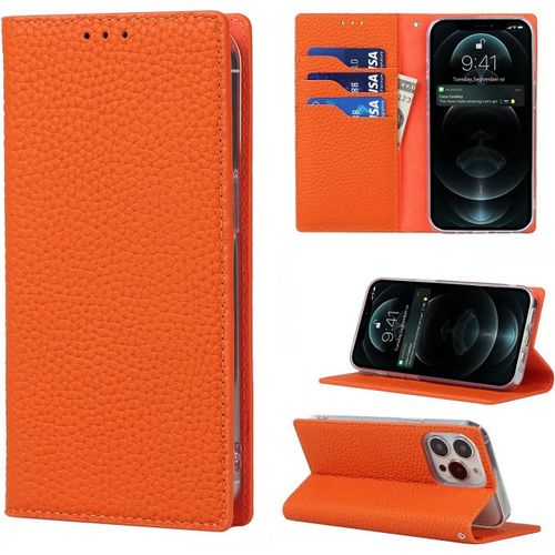Iphone 13 Pro Max Coque,Cuir Veritable Flip Portefeuille Etui En Cuir,[3 Fentes][Fermeture Magnetique][Rfid Blocker],Clapet Housse Etui Rabat Pour Iphone 13 Pro Max - Orange