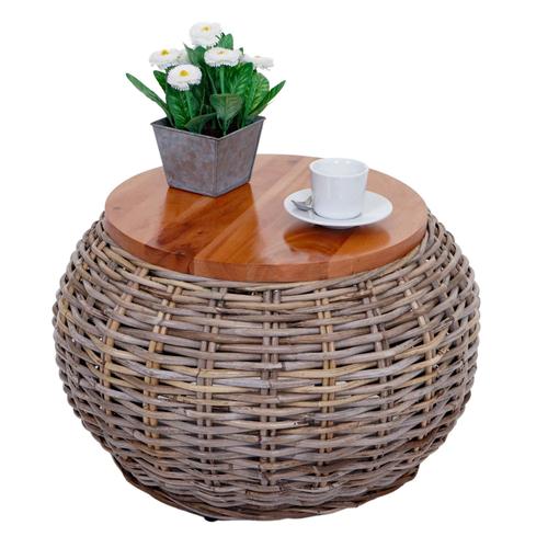 Table D'appoint Hwc-M30, Table En Rotin Table De Fleurs Table De Café Table De Salon Table En Bois, Ronde 33x49x49cm, Kubu Rotin Naturel