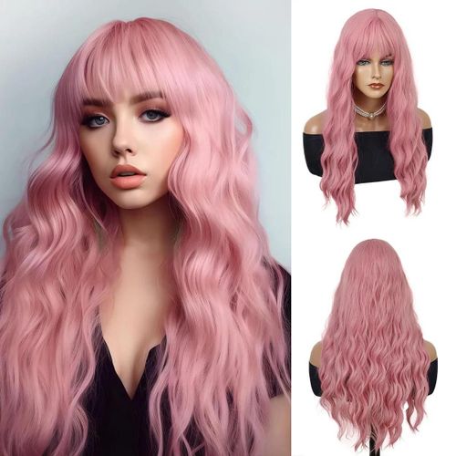 Pink Perruque Bordeaux Avec Frange Pour Femmes,Perruques Longues Ondulées Bordeaux De 26 Pouces,Perruques Rouge Foncé,Perruque Synthétique Résistante À La Chaleur Pour Un Usage Quotidien Des Fêtes