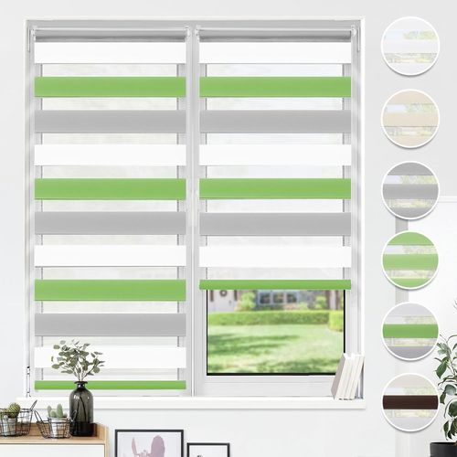 Store Enrouleur Jour Nuit Sans Perçage, Double Tissu Avec Clips, Rideau Occultant Pour Fenêtre & Porte, 65 X 150 Cm (Largeur Du Tissu 61 Cm), Vert-Gris-Blanc[Occ710112]