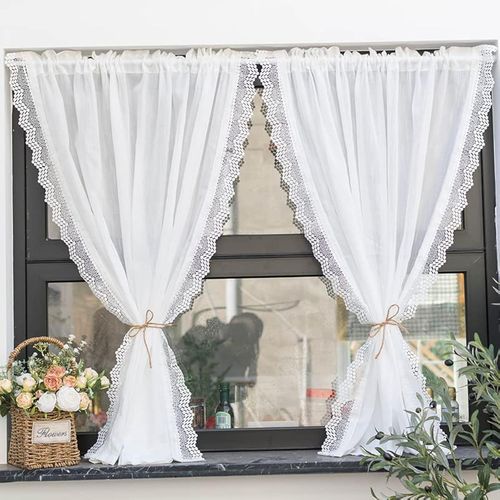 Rideau Brise-Bise Aspect Lin Avec Bord Ondulé Délicat En Dentelle Pour Cuisine, Salon, Balcon, Style Maison De Campagne, 1 Pièce, Blanc, L X H 80 X 160 Cm[Occ713255]