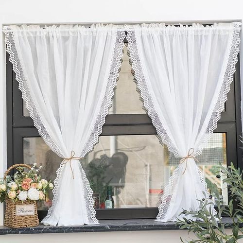 Rideau Brise-Bise Aspect Lin Avec Bord Ondulé Délicat En Dentelle Pour Cuisine, Salon, Balcon, Style Maison De Campagne, 1 Pièce, Blanc, L X H 250 X 160 Cm[Occ713253]
