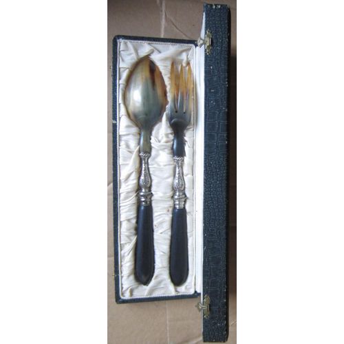 Couverts À Salade Anciens En Corne Métal Argenté Et Bois Cuillère Et Fourchette Dans Leur Coffret Augé Angoulême