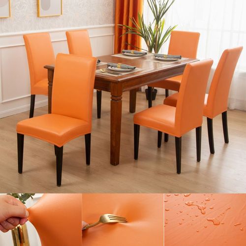 Housses De Chaise De Salle À Manger,Housse De Protection De Chaise De Salle À Manger Extensible Imperméable Et Résistante À L'huile En Cuir Pu Solide - Type Orange-4 Covers