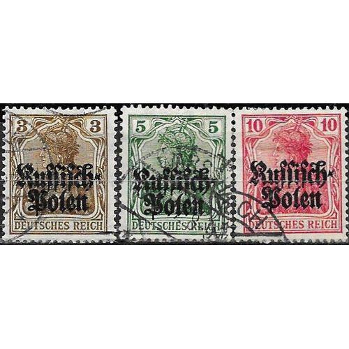 Pologne, Occupation Allemande 1915, Beaux Timbres Yvert 1, 2 Et 3, Types Germania Surchargés "Russich Polen", Oblitérés, Tbe.