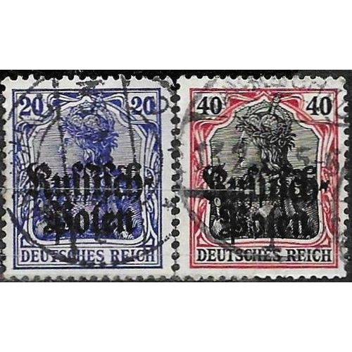 Pologne, Occupation Allemande 1915, Beaux Timbres Yvert 4 Et 5, Types Germania Surchargés "Russich Polen", Oblitérés, Tbe.
