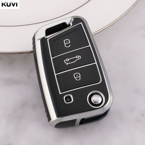 Étui pour clé de voiture en Fiber de carbone ABS,housse pour VW Volkswagen Golf 7 MK7 Tiguan MK2 pour Ateca FR 2 pour Octavia - Type TPU 3 BTN Black