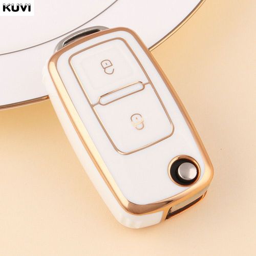 Housse De Clé Télécommande De Voiture En Tpu,Pour Volkswagen Vw Polo Golf Passat Tiguan Beetle Caddy T5 Up Eos Octavia Altea - Type 2 Btn Gold White