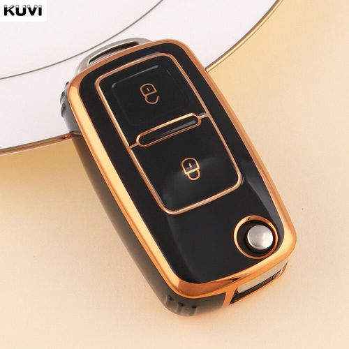 Housse De Clé Télécommande De Voiture En Tpu,Pour Volkswagen Vw Polo Golf Passat Tiguan Beetle Caddy T5 Up Eos Octavia Altea - Type 2 Btn Gold Black