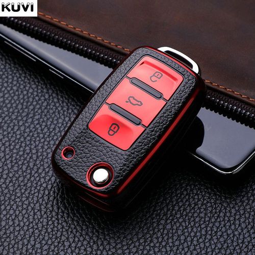 Étui en cuir TPU pour clé de voiture,housse de Protection complète pour clé de voiture,pour VW Volkswagen Polo Tiguan Passat Golf Jetta Lavida Octavia - Type Red #D