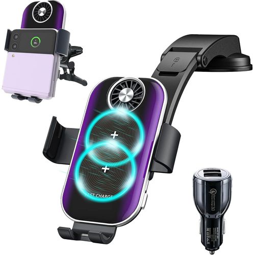 Kathlelxh-15w Qi Chargeur Induction Voiture Avec Rapid Adaptateur Chargeur Qc 3.0, Double Bobine Chargeur Sans Fil Voiture Support Téléphone Samsung Galaxy Z Flip 5/4/3/2 S22 Ultra Iphone 15[H613]