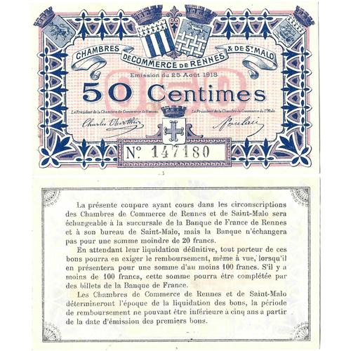 France - Billet - Chambre De Commerce De Rennes Et St Malo - 50 Centimes - 1915 - Jp.105.01 - 16-214