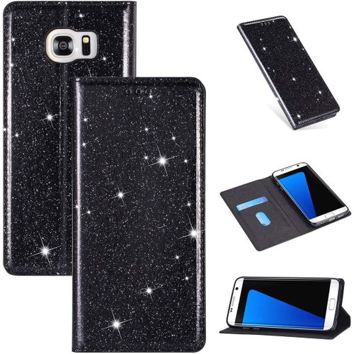 Coque Pour Samsung Galaxy S6 Edge [Pas Pour S6], Housse Coque Portefeuille Case Etui Pu Cuir Paillette Luxe Magnetique Flip Antichoc Porte Carte Protection Pour Galaxy S6 Edge,Noir