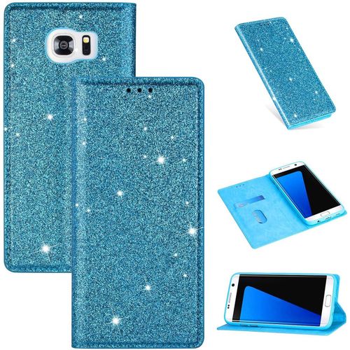 Coque Pour Samsung Galaxy S6 Edge [Pas Pour S6], Housse Coque Portefeuille Case Etui Pu Cuir Paillette Luxe Magnetique Flip Antichoc Porte Carte Protection Pour Galaxy S6 Edge,Bleu