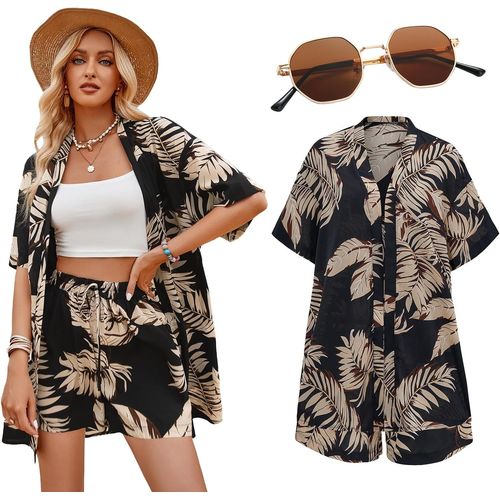 Chemise Hawaïenne Pour Femme-Aérée-Costume Hawaïen-Chemise D'été-Lunettes De Soleil-Chemise De Plage-Manches Courtes-Décontractée.[T836]
