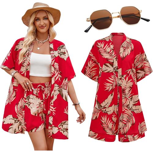 Chemise Hawaïenne Pour Femme-Aérée-Costume Hawaïen-Chemise D'été-Lunettes De Soleil-Chemise De Plage-Manches Courtes-Décontractée.[T831]