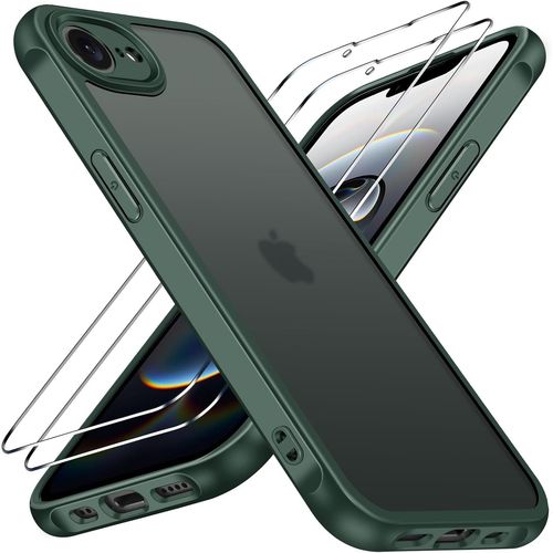 Matte Case For Iphone 16e 6.1 Inch With 2 Pieces Tempered Glass,[Military Shockproof Protection] [Camera Protection] Translucent Back Protective Case Slim Bumper Cover,Green