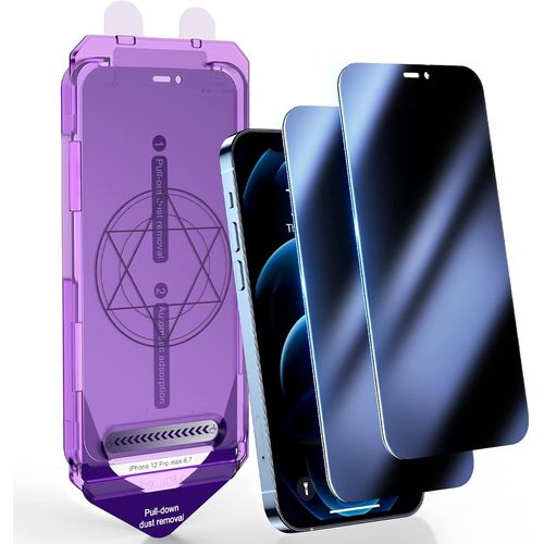 2 Pack Privacy Screen Protector For Iphone 12 Pro Max 6.7 Inch With Self-Aligning Frame,Automatic Dust Removal,Anti-Blue Light Tempered Glass Film [Cover
