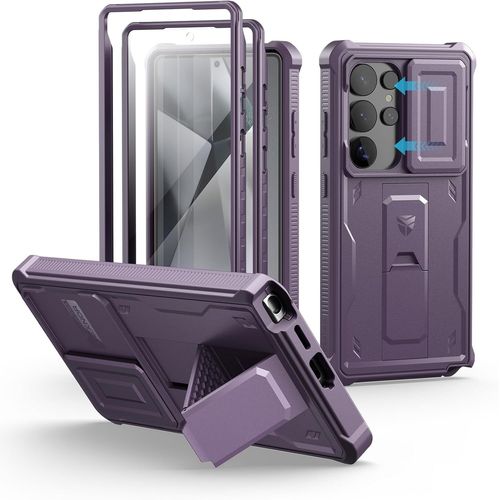 For Samsung Galaxy S25 Ultra Case[Dual Front Frame And Stand] With Built-In Sliding Camera & Screen Protector,Shockproof Rugged Protective Case-Purple Phantom