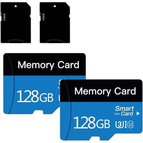 Lot de 2 Cartes Micro SD 128 Go avec Adaptateur,Carte Mémoire TF Cat 10,Mini Carte Mémoire pour Appareil Photo/Smartphone/Tablette/Drone (Bleu 128 Go * 2)