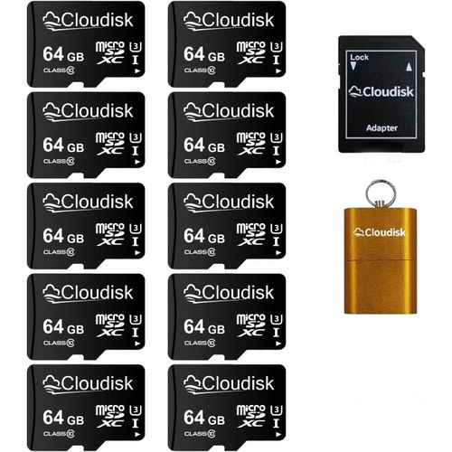 64gb Micro SD Card 10 Pack,microsdxc uhs-I Carte Flash avec Adaptateur,Lecteur de Carte,C10,U3,Full HD,4K Ultra HD,Carte TF Haute Vitesse